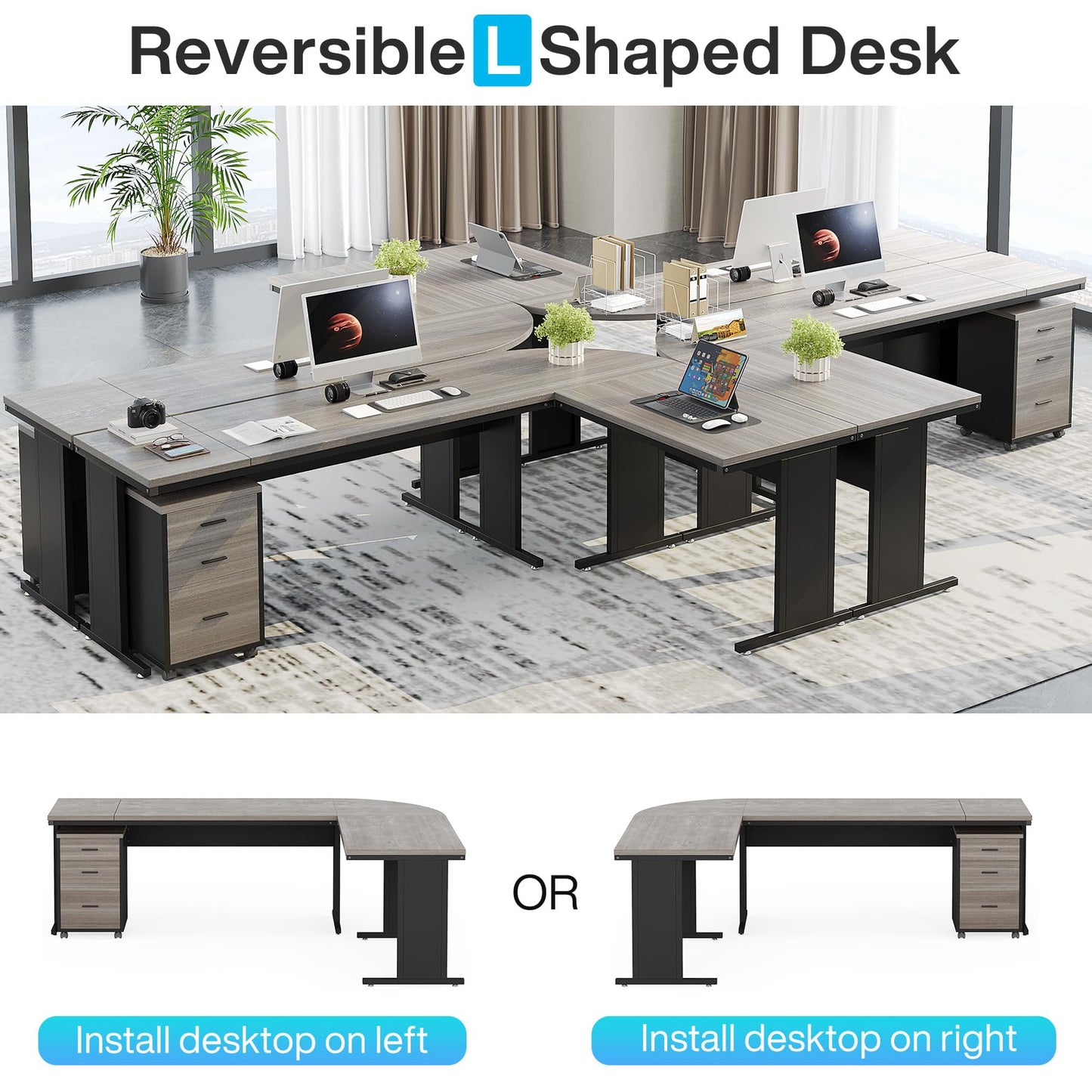 Tribesigns 83" L-Shaped Executive Desk, Large Office Desk with Drawes, Industrial Corner Computer Table with File Cabinet, Business Workstation for Home Office (Gray, 83")