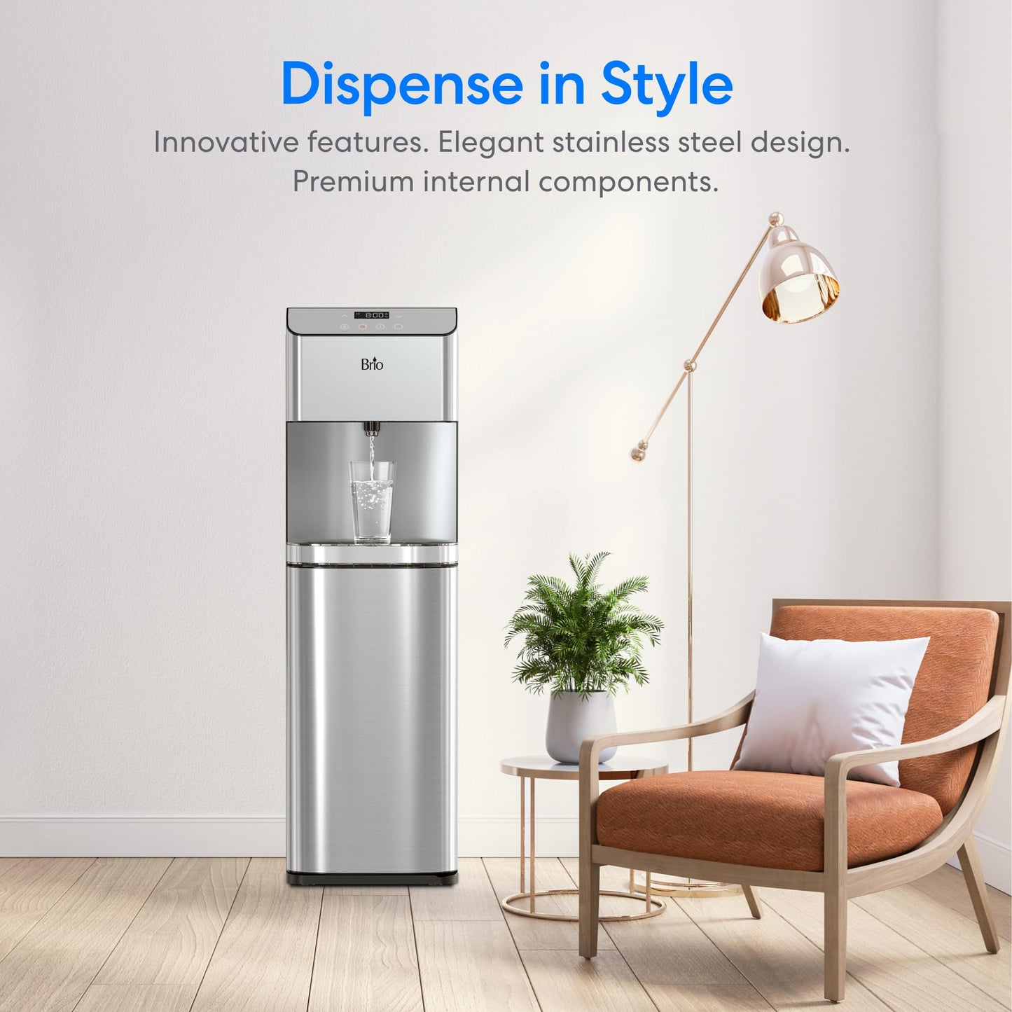 Brio Moderna Bottom Load Water Cooler Dispenser - Tri-Temp, Adjustable Temperature, Self-Cleaning, Touch Dispense, Child Safety Lock, Holds 3 or 5 Gallon Bottles, Digital Display and LED Light