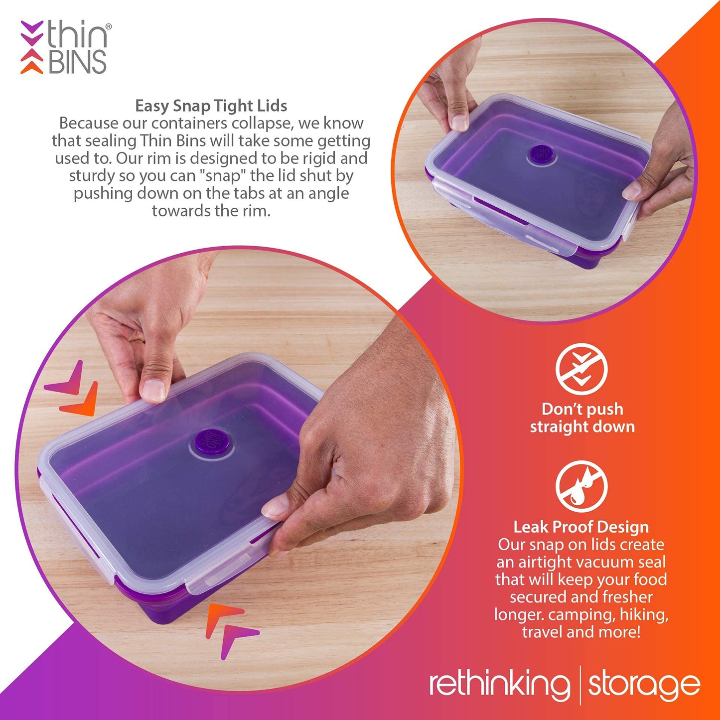 Thin Bins Collapsible Containers Set of 4 Round Silicone Food Storage Containers BPA Free, Microwave, Dishwasher and Freezer Safe - No more cluttered container cabinet! SC-149A