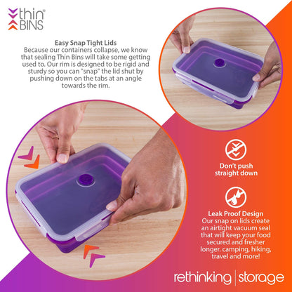Thin Bins Collapsible Containers Set of 4 Round Silicone Food Storage Containers BPA Free, Microwave, Dishwasher and Freezer Safe - No more cluttered container cabinet! SC-149A