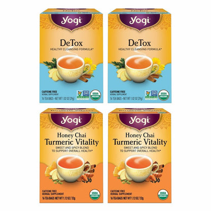Yogi Tea DeTox and Wellness Variety Pack 4pk - 16 Bags per Pack (4 Pack) - Organic Herbal Cleansing Teas - Includes (2 Boxes Each) of Honey Chai Turmeric Vitality & DeTox - Caffeine-Free Teas