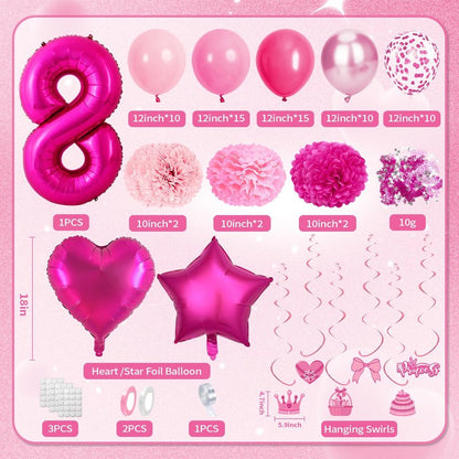 8th Birthday Decorations for Girls, Pink Party Decorations with Number 8 Balloon Happy Birthday Banner Bday Sash Crown Tablecloth Fringe Curtain Hanging Swirl for 8 Balloons for Bday Girl