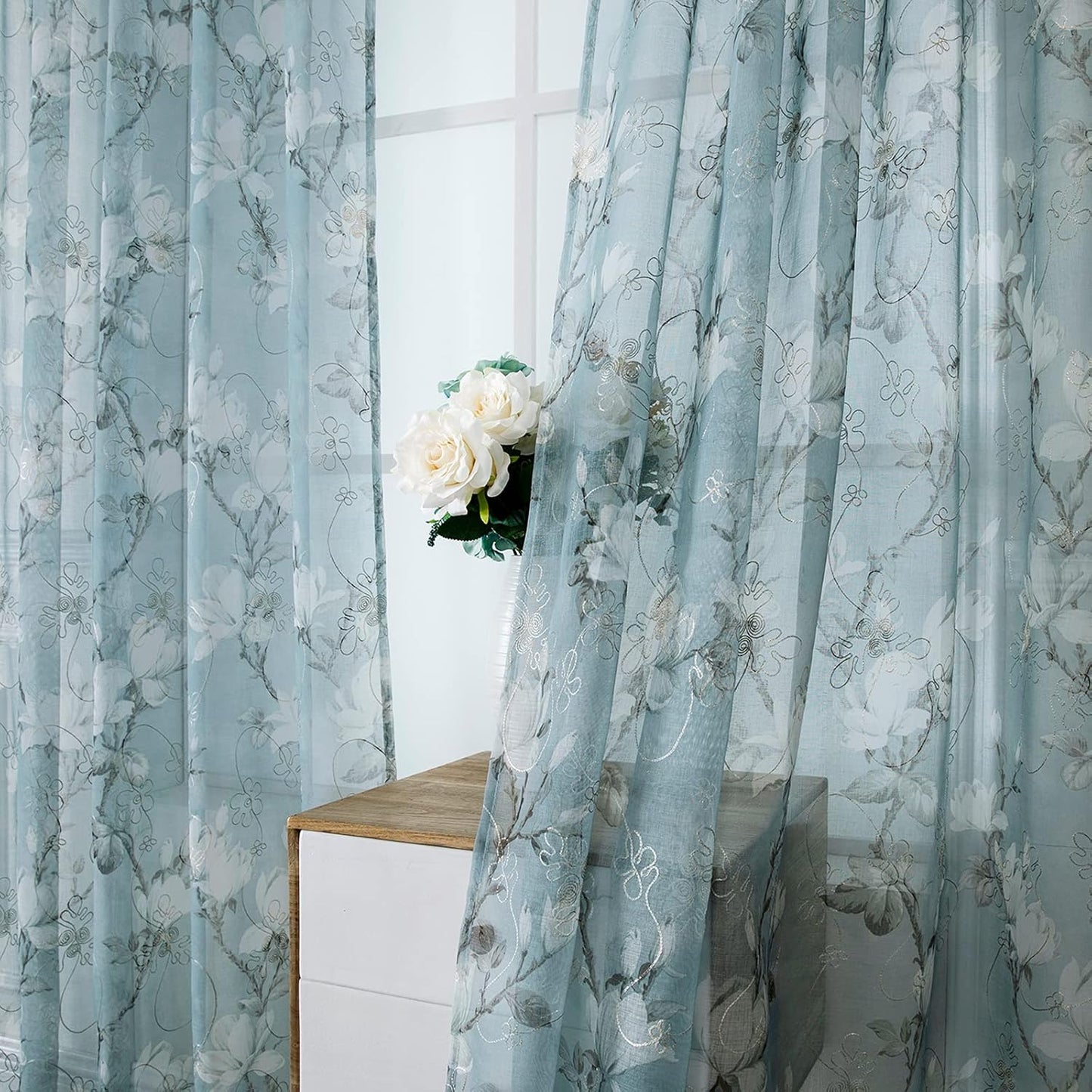 Tollpiz Blue Floral Sheer Curtains, Flower Print Vine Embroidery, 54 x 63 inches, Set of 2 Panels for Bedroom & Living