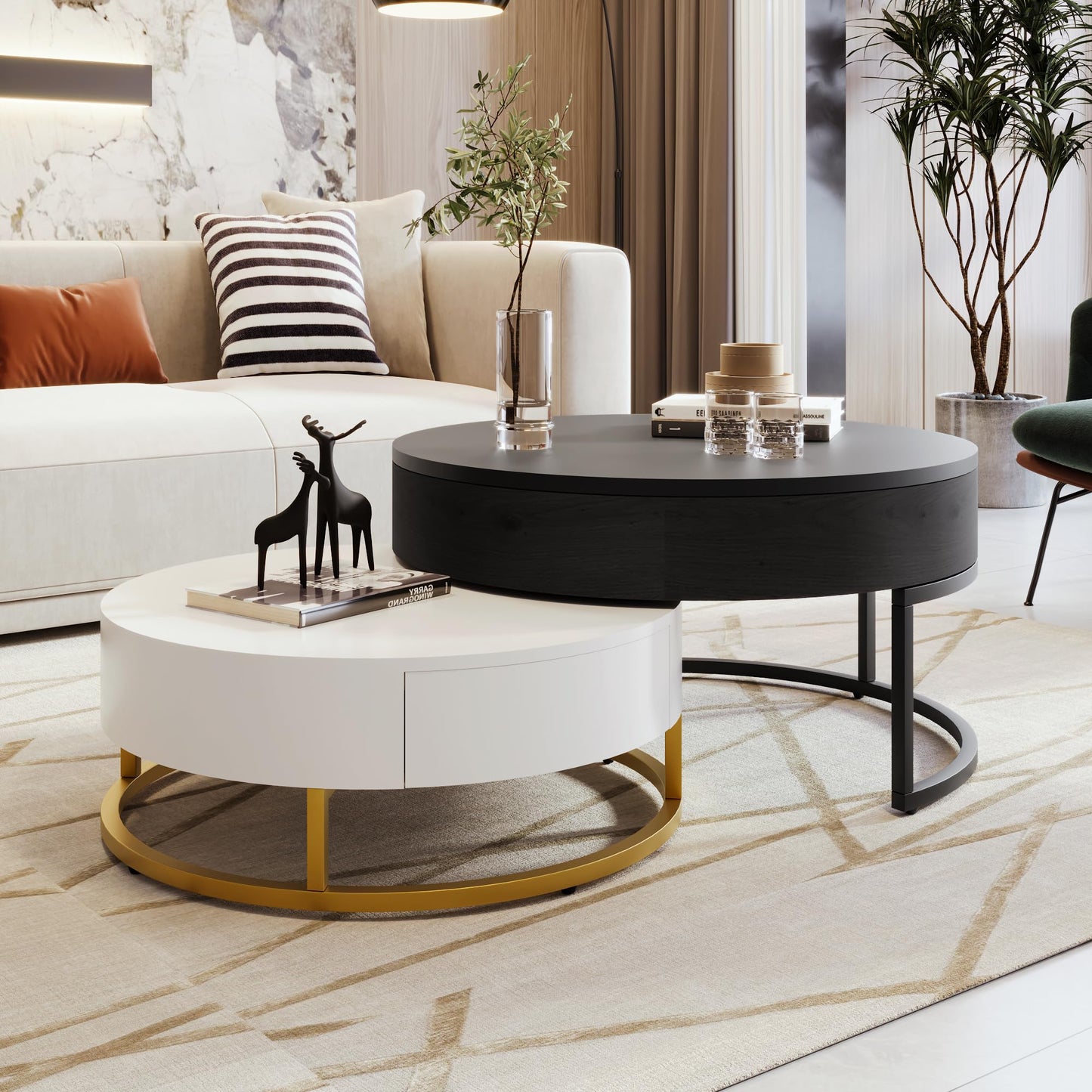 Lift-Top Nesting Coffee Table with Drawers Hidden Compartment Adjustable Storage Shelf, Modern Furniture for Living Room