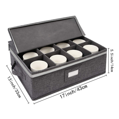 popoly Mug Storage Box with dividers, China Coffee Cup Storage Containers with Zipper Lid and Rivet Reinforced Handles, Holds 12 Coffee Mugs and Tea Cups, Structured Top and Stackable (Grey)