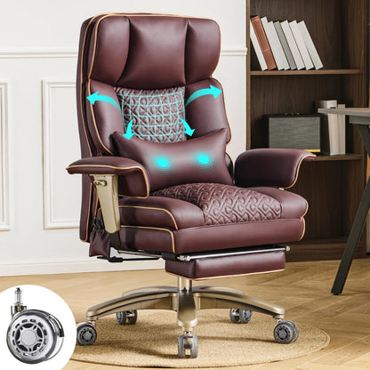 Executive Desk Chir with Adjustable Air Back Support, Luxury Ergonomic PU Leather Office Chair with Lumbar Massage High-Back 3-Level Tilt 360° Swivel Silent Wheels Height Adjustment,Footrest, Brown