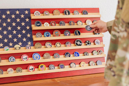 Flags of Valor American Flag Challenge Coin Display Holds 100 Coins Wooden Military Coin Holder Wall Decor Veteran Made Patriotic Flag Art Ready to Hang USA Handmade (Medium Unframed, 19" H x 36" W)