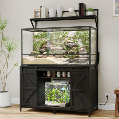 VOWNER Farmhouse Reptile Tank Stand with Power Outlet, 48" X 24" Tabletop Fits up 120 Gallon Bearded Dragon Tank, Heavy Duty Aquarium Stand with Storage Cabinet, Reptile Turtle Terrarium Stand Black