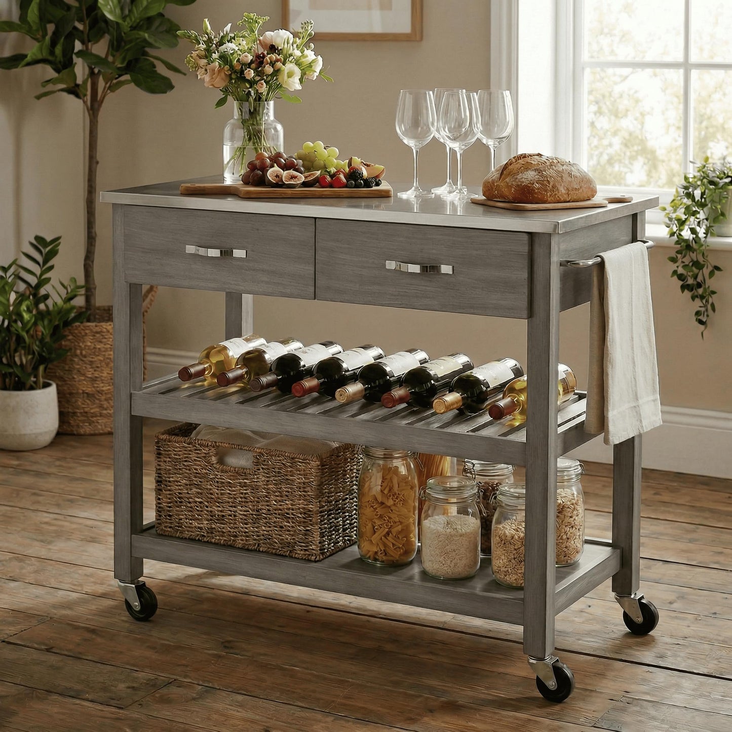Casaphoria Amanda Collection Solid Wood Kitchen Island, 42" Butcher Block Cart with Stainless Steel Top & Locable Wheels, Prep Table for Small Spaces (Weathered Gray)