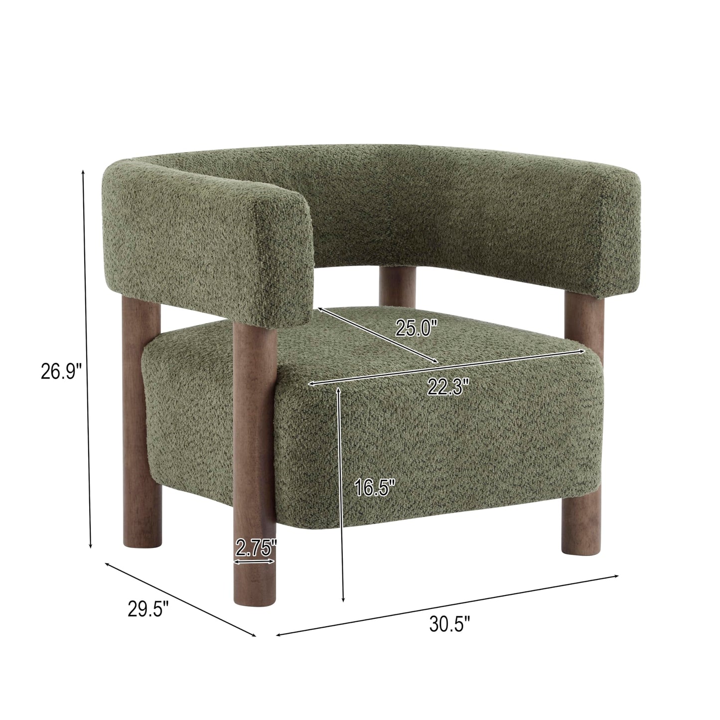Merax Bouclé Upholstered Accent Arm Chair, Modern Lounge Armchair with Rubber Wood Legs and Foam Cushion, Comfortable Barrel Reading Chair for Living Room Bedroom, Olive Green/Walnut