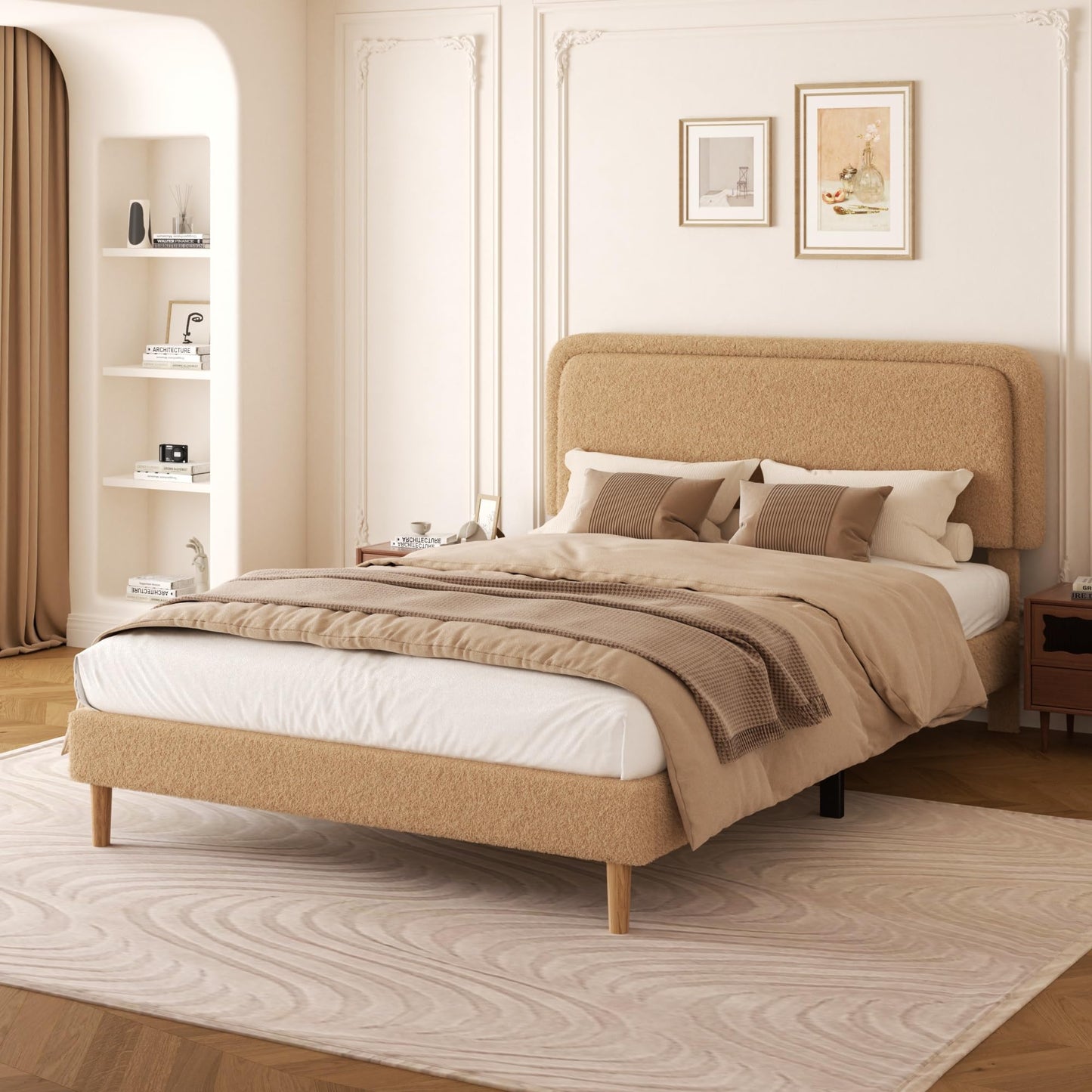 viplov Full Size Boucle Upholstered Platform Bed Frame with Adjustable Headboard, Soft Cloud Bed, No Box Spring Needed, Easy Assembly, Noise Free, Bworn