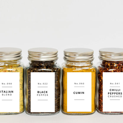 Lovable Labels Farmhouse Spice Jar Labels - Minimalist 184 Preprinted + 8 Blank Write-on Stickers Dishwasher Save & Waterproof Great for Spices and Seasonings Set to Organize Your Spice Rack