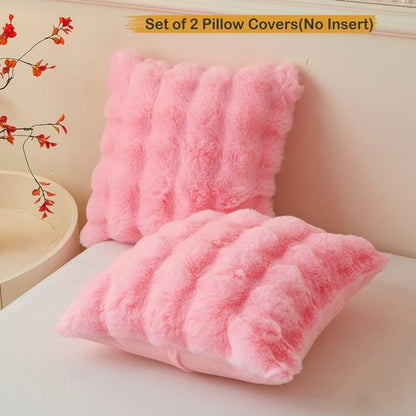 LIFEREVO Pack of 2 Fluffy Faux Rabbit Fur Throw Pillow Covers, Cute Plush Shaggy 18x18 Bubble Waffle Cushion Covers Zipper Closure, Home Decorative Furry Fuzzy Pillow Shams for Kids Girls Adults, Pink