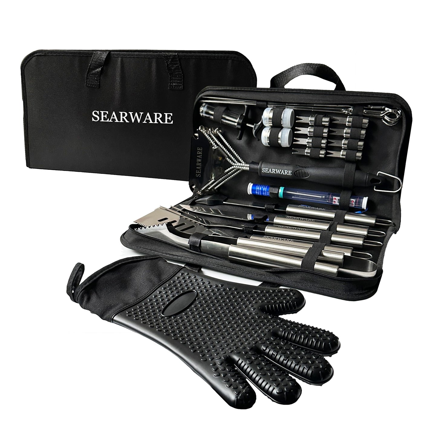SEARWARE Barbecue Grill Tool Set - Stainless Steel - Strong Durable Design - Heat Resistant Glove & Bristle Free Grill Brush - Thermometer, Meat Injector, & Corn Skewers - Perfect For Smokers & Grills