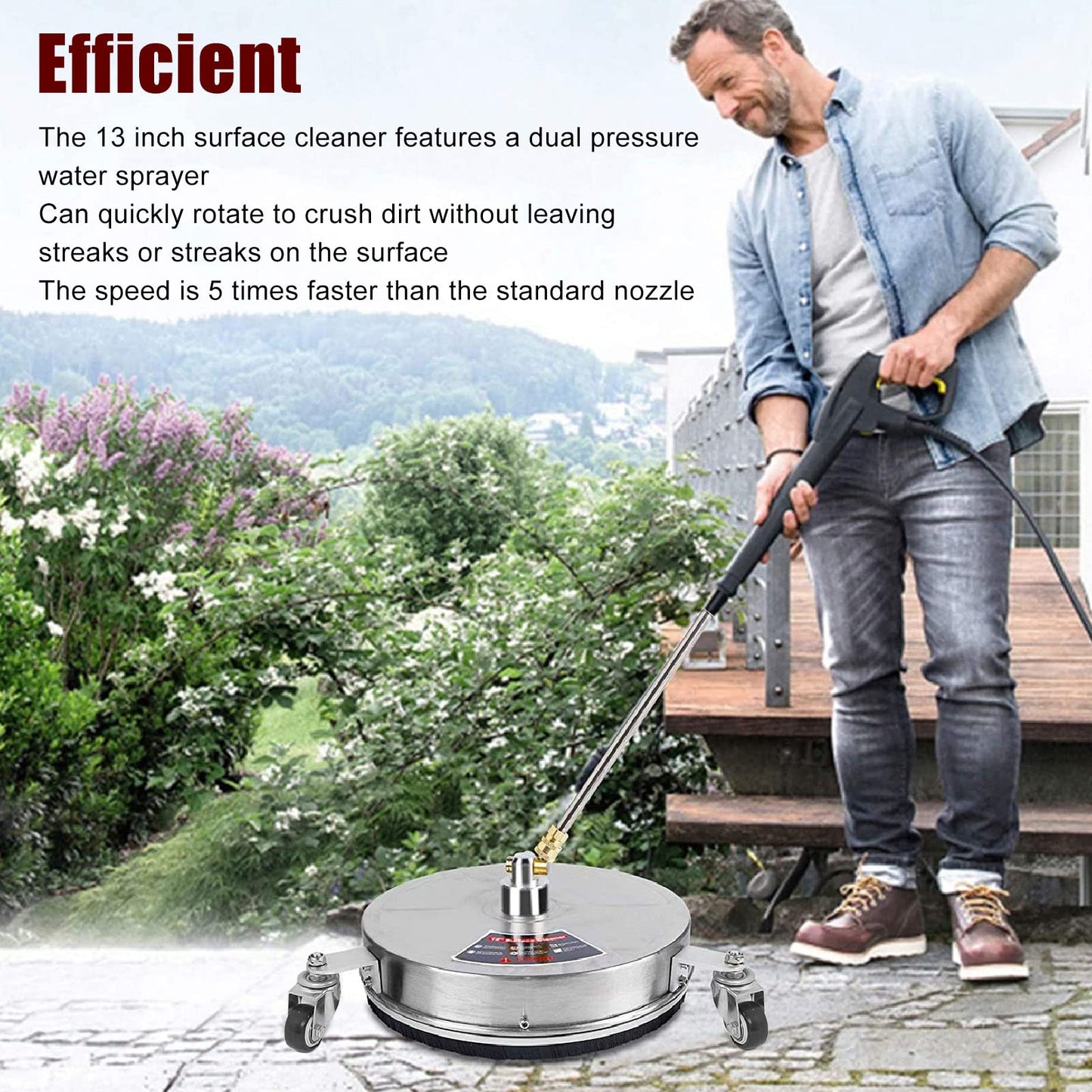 13 Inch Pressure Washer Surface Cleaner, 4000 PSI Power Washer Surface Cleaner Attachment with 4 Wheels, 1/4 Quick Connector, 2 ExWand for Cleaning Driveway, Sidewalk, Garden
