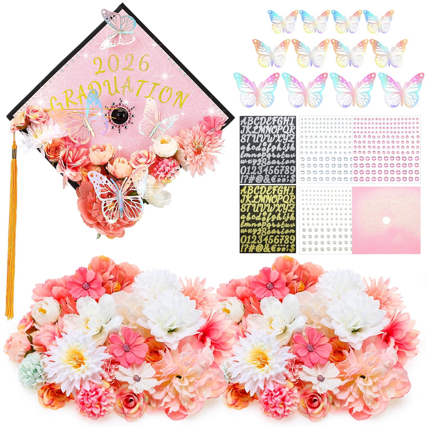Wavwavw 44 Pcs DIY Graduation Cap Decorations Kit Pink Grad Cap Decorations 3D Artificial Flowers Butterfly Decals Rhinestone Pearl Stickers Letter Stickers Glitter Paper for 2026 Grad Hats Decor