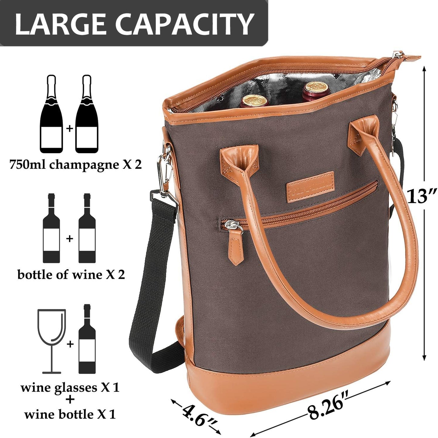 Tirrinia Insulated Wine Gift Carrier Tote - Padded 2 Bottle Wine/Champagne Cooler Bag for Portable Carrying, Gift for