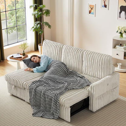 KCGKCG Sleeper Sofa Bed, 81” Pull Out Couch Bed, 3 in 1 L-Shaped Couch with Charging Station, Cup Holder, Side Pocket, Couches for Living Room(Plush Beige)