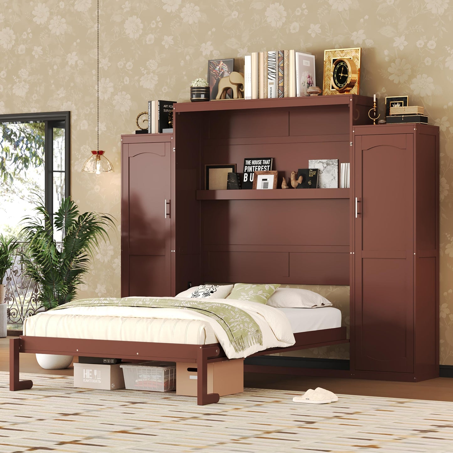 Ball & Cast Murphy Bed Queen Size,Wood Foldable Wall Bed with 2 Sides Wardrobe and Storage Shelf, Hidden Cabinet Bed Frame for Bedroom,Guest Room,Space Saving,No Box Spring Needed,Walnut