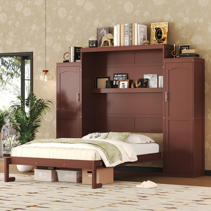 Ball & Cast Murphy Bed Queen Size,Wood Foldable Wall Bed with 2 Sides Wardrobe and Storage Shelf, Hidden Cabinet Bed Frame for Bedroom,Guest Room,Space Saving,No Box Spring Needed,Walnut