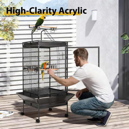 Large Vintage Wrought Iron Bird Cage - Rolling Stand, Stainless Bowls, Non-Toxic Coating, Flight Cage, Easy Clean,for Various Birds,65inch