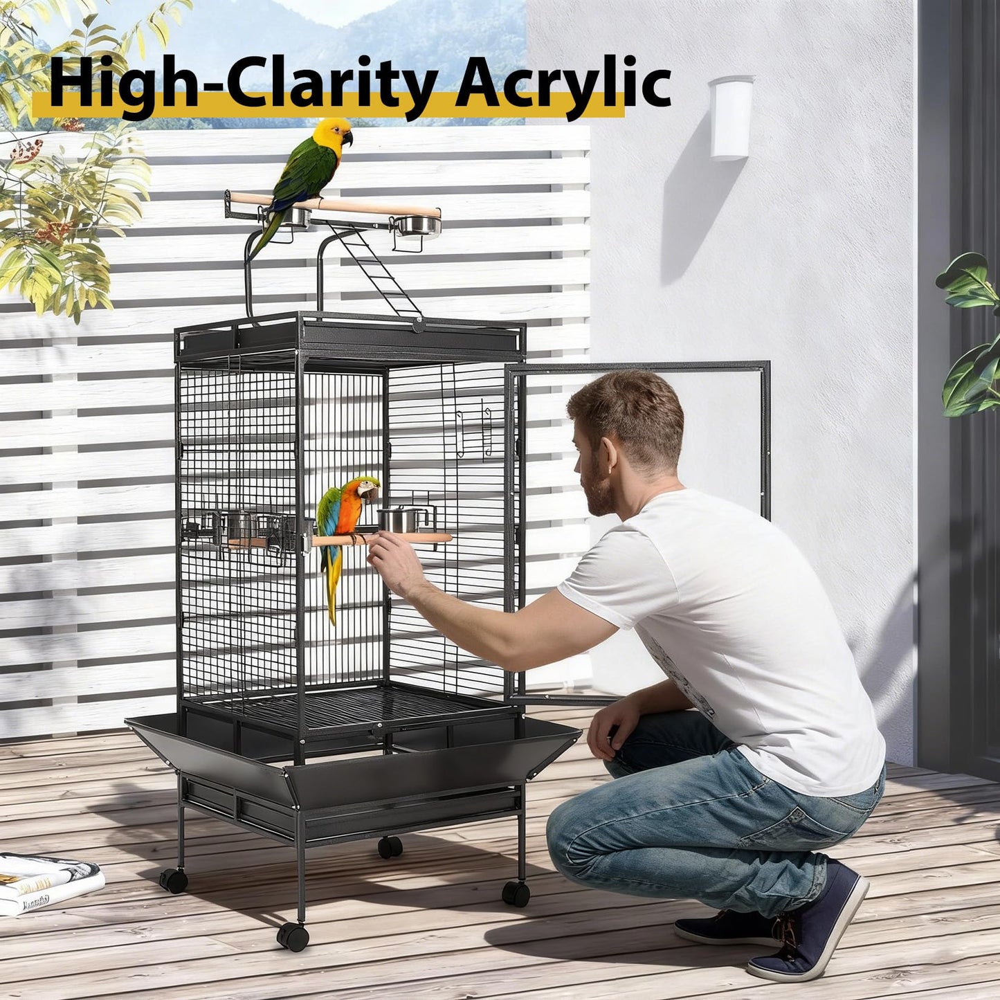 64.4" Tall Large Bird Cage, Metal Parrot Cage with Rolling Stand, Play Top & Bowls - Bird Aviary for Parrots, Parakeets, Conures, Cockatiels, Indoor Outdoor Aviary for Outside Porch Garden Yard