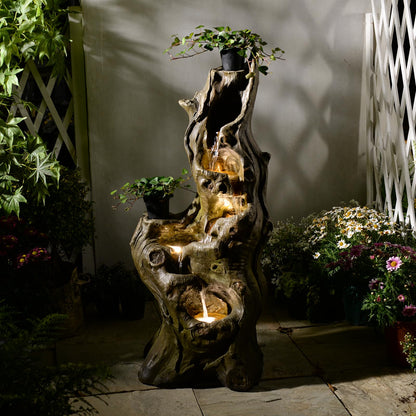 Sunlinua Water Fountain Outdoor 5-Tiers Large Cascading Realistic Tree Trunk Natural Waterfall Outdoor Fountains Resin Imitation Wood with LED Lights for Garden, Patio, Porch