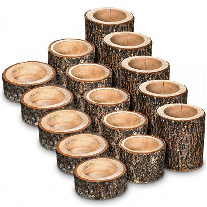 Set of 15 Rustic Wooden Tea Light Candle Holders | Natural Wood Votive Holders in 3 Sizes for Wedding, Party, and Home Table Decor