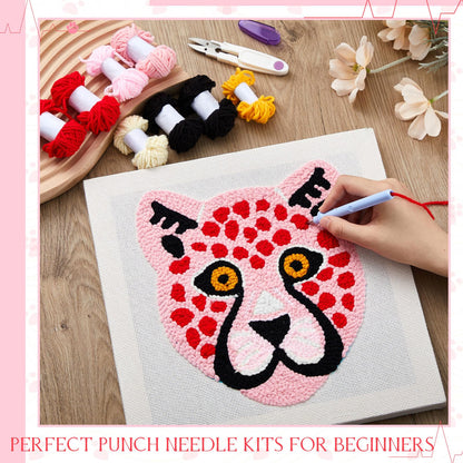 Preboun Leopard Punch Needle Kit, Punch Needle Embroidery Kit for Beginners Adults, 11.8''x11.8'' Punch Needle Set Including Yarns Tools, DIY Punch Needle Kit for Wall Decorations and Seat Cushions