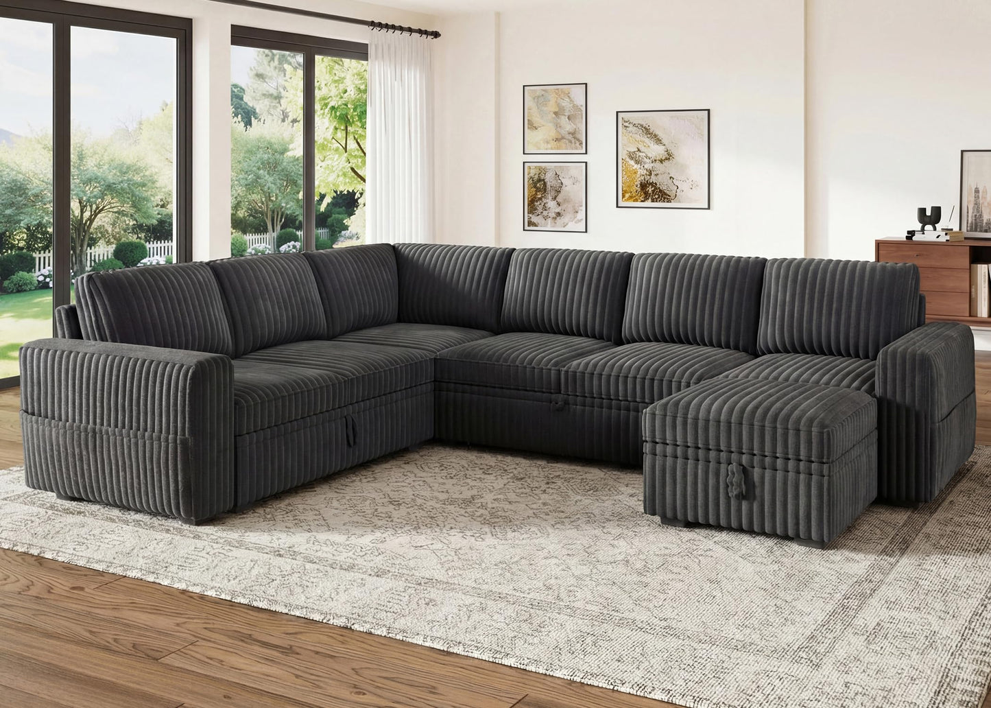 HONBAY Modular Sectional Sleeper Sofa with Pull Out Bed,Corduroy U Shaped Couch with Storage, Sectional Couches for Living Room,Dark Grey