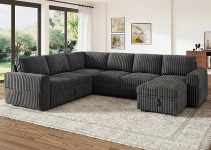 HONBAY Modular Sectional Sleeper Sofa with Pull Out Bed,Corduroy U Shaped Couch with Storage, Sectional Couches for Living Room,Dark Grey