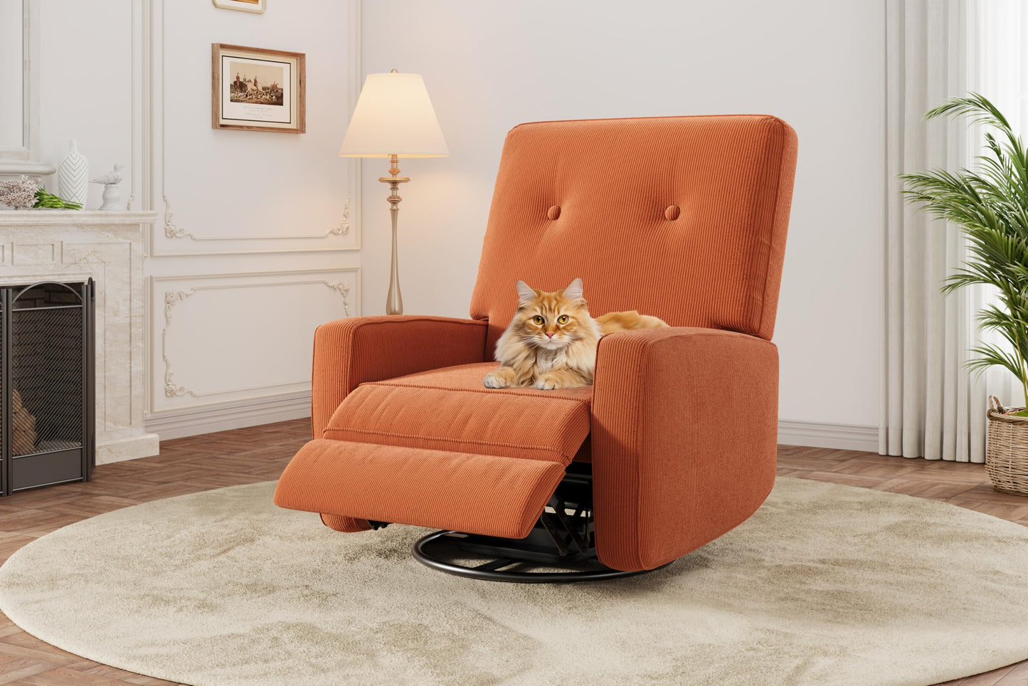 GarveeHome Recliner Chairs, Swivel Rocker Recliner, Glider Recliner Nursery Chair for Adults, 360° Swivel Glider Rocking Chair for Living Room, Bedroom, Office, RV, Small Spaces, Corduroy, Orange
