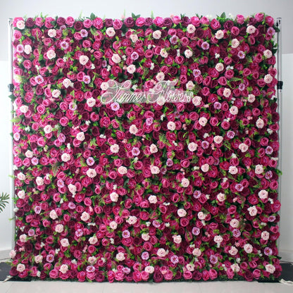 ERoomQ Purple Rose Flower Wall Green Leaf Floral Arrangement Flower Wall Panel Set, Artificial Wall Flower Backdrop 6D Silk Hydrangea Rose Floral Panel,3x3m/10x10FT