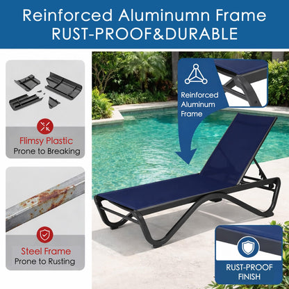 Kozyard Outdoor Chaise Lounge Chair, All Aluminum Frame and Textilene Fabric, Fully Flat Adjustable Reclining Patio Lounger for Poolside, Sunbathing & Backyard (NavyBlue, 2Chairs)