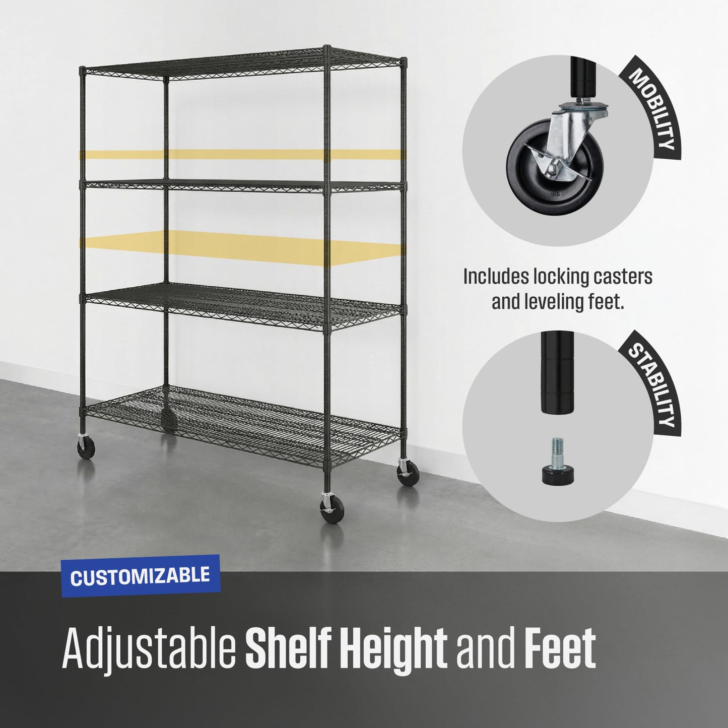 SafeRacks - NSF Certified Storage Shelves, Zinc, Heavy Duty Steel Wire Unit with Wheels and Adjustable Feet, Garage or Bakers Rack, Kitchen, Pantry Shelf - (24"x60"x72" 4-Tier) (Black)
