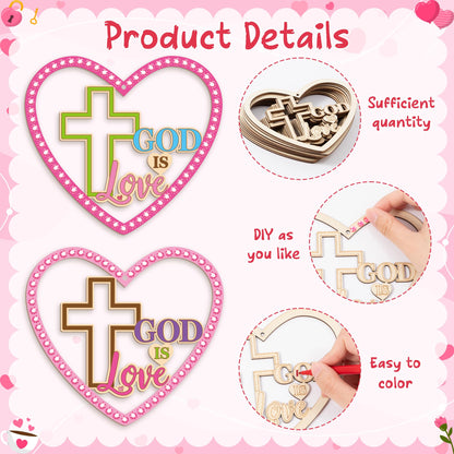 BeYumi Valentines Wooden Ornament Craft - 20Pcs Valentine's Day DIY Wooden GOD is Love Ornaments Craft Kit for Kids Make Your Own Religious Cross Decor with Gem Stickers Church School Party Supplies