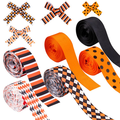 Whaline 6 Roll Halloween Grosgrain Ribbon Geometric Dot Gift Wrapping Ribbon 30 Yard Orange Black White Holiday Craft Ribbon for Halloween Party Decoration Sewing Bow Craft Gift Wrapping