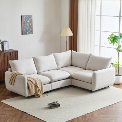 Christopher Knight Home Keria 4-Seater Sofa, Wooden Frame Modular Sectional Sofa, Upholstered Couch Set for Living Room, Soft Seating Lounge Sofa, Comfy Reading Chair Set, White Sand