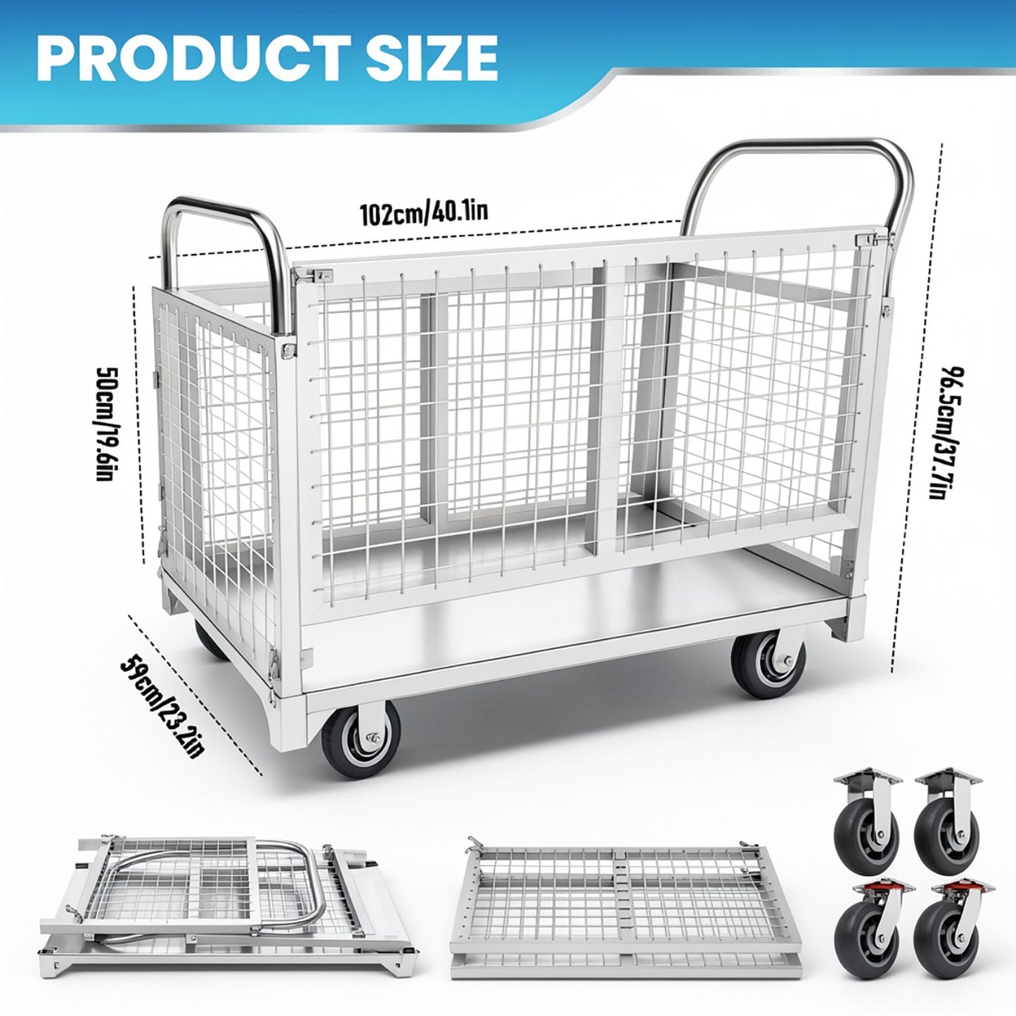 2600LBS Warehouse Cage Cart, Dual Height Handrail Rolling Cage Cart with Ergonomic Pull Handle, Heavy Duty Platform Truck Carts with Cage, Encrypted Mesh Anti-Dropping Guardrail Easy Assembly