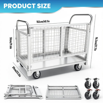2600LBS Warehouse Cage Cart, Dual Height Handrail Rolling Cage Cart with Ergonomic Pull Handle, Heavy Duty Platform Truck Carts with Cage, Encrypted Mesh Anti-Dropping Guardrail Easy Assembly