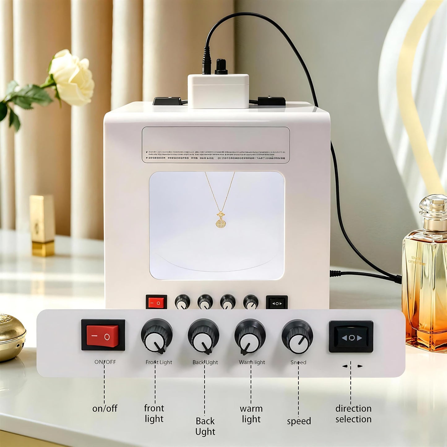 QIUNAOZI Jewelry Hanging Photography Kit, Jewelry Photo Light Box, with 360° Electric Rotating Feature, Turntable Diameter 11/15cm, Support Jewelry Hanging or Placing Black-TB20