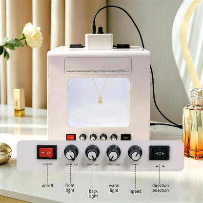 QIUNAOZI Adjustable Turntable Premium Photo Studio, Jewelry Photography Light Box with Turntable, Turntable Diameter 11/15cm, 4pcs Fill Lights, Hanging Bracket, for Jewelry, Small Items Black-TB30