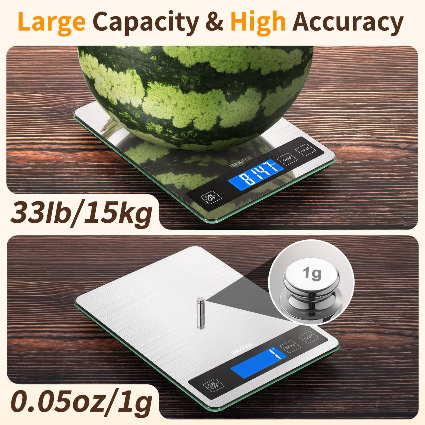 BakFee Food Scale, 33lb Digital Kitchen Scale with Stainless Steel & Tempered Glass, USB Rechargeable, 1g/0.05oz Precise Weighing, Splash-Resistant and Sturdy Surface, for Cooking, Baking, Weight Loss