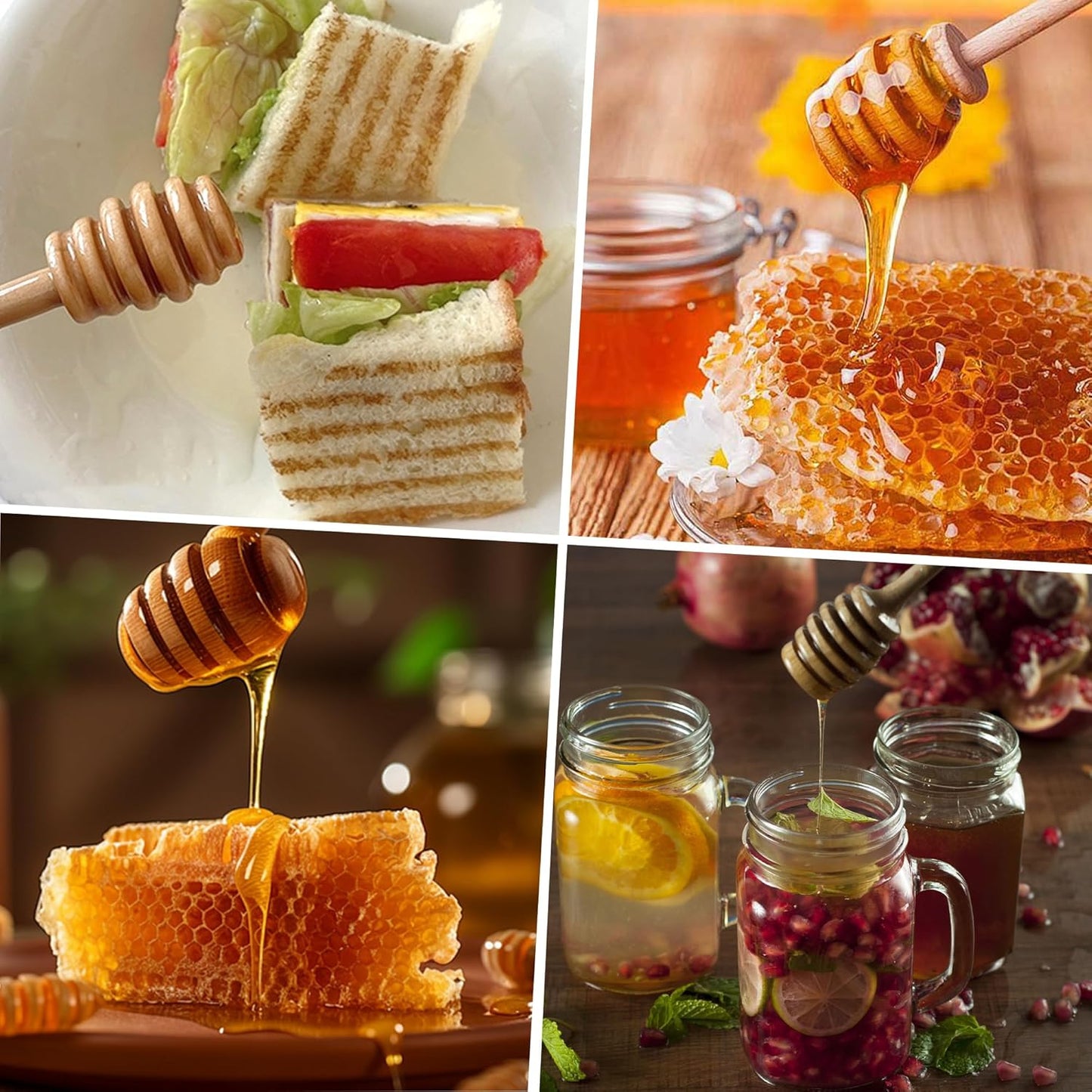 4PCS Honey Mixing Stirrer, Wooden Honey Dipper, Smooth Honey Comb Stick, Honey Spoon Collecting Dispensing Drizzling