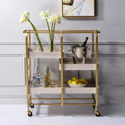 agnixnaf Serving Cart, with 3 Adjustable Trays, 4 Smooth Rolling Casters, Gold and White Wash, Easy to Maintain, for Living Room, Dining Room