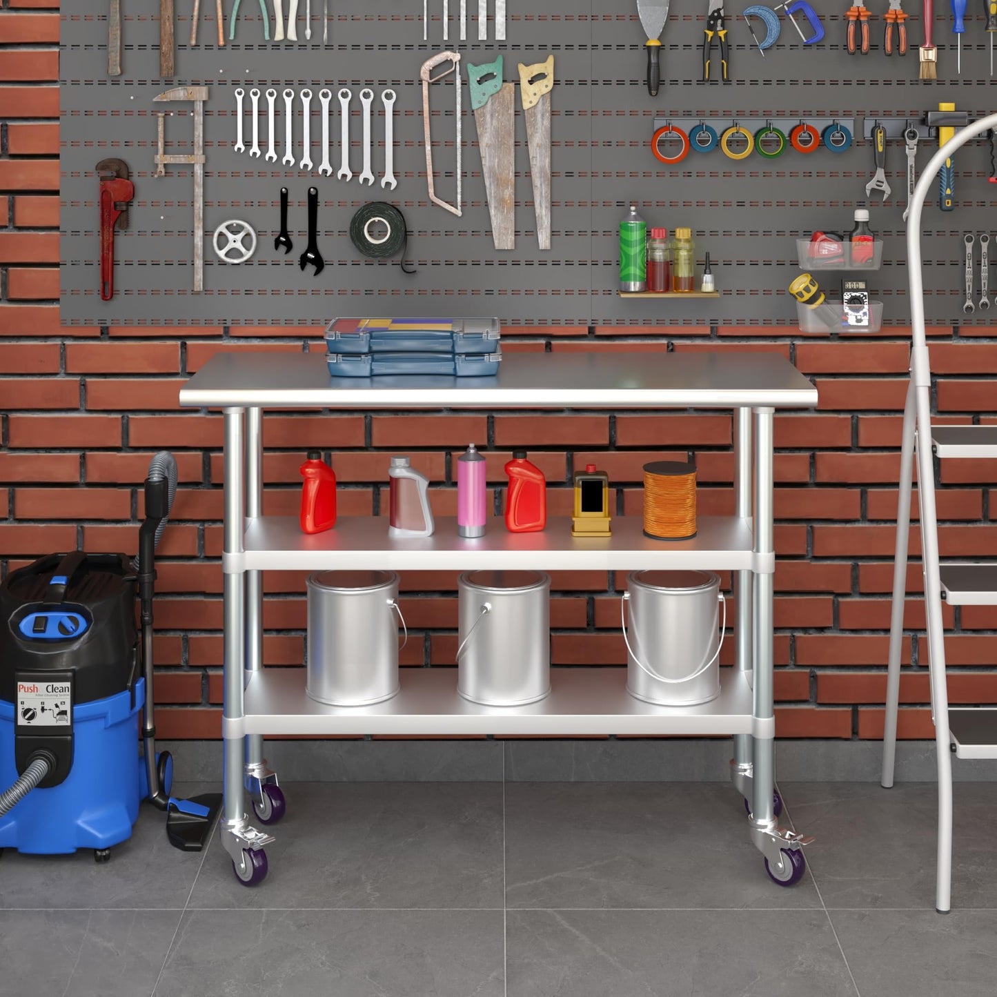 AmGood Stainless Steel Work Table with 2 Shelves and Casters | Metal Utility Table On Wheels (Stainless Steel Work Table with 2 Shelves + Casters, 48" Long x 18" Deep)