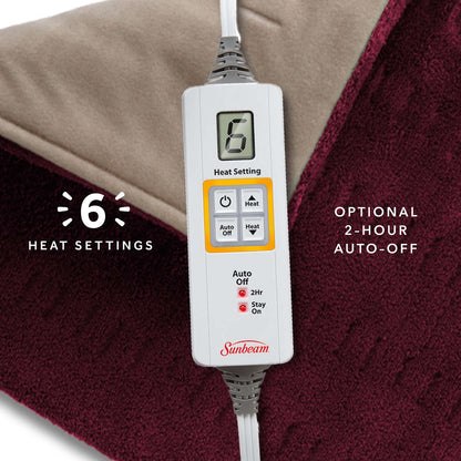 Sunbeam XL Back Neck and Shoulder Heat Therapy 12 x 24 with Auto Shut Off 6 Settings Machine-Washable Comfortable Microplush Fabric - Burgundy