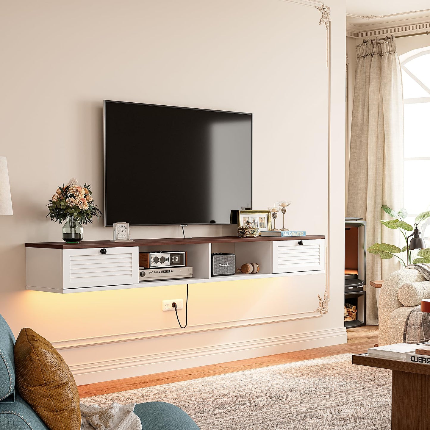 FloatiCasa Floating TV Stand,Plywood Wall Mounted Media Console with 2 Doors & Open Storage,Modern Under TV Cabinet for Living Room & Bedroom,White & Walnut, 78 inch