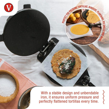 Victoria Cast Iron Tortilla Press - 8 Inch Roti Maker Seasoned with Flaxseed Oil | Traditional Black Design