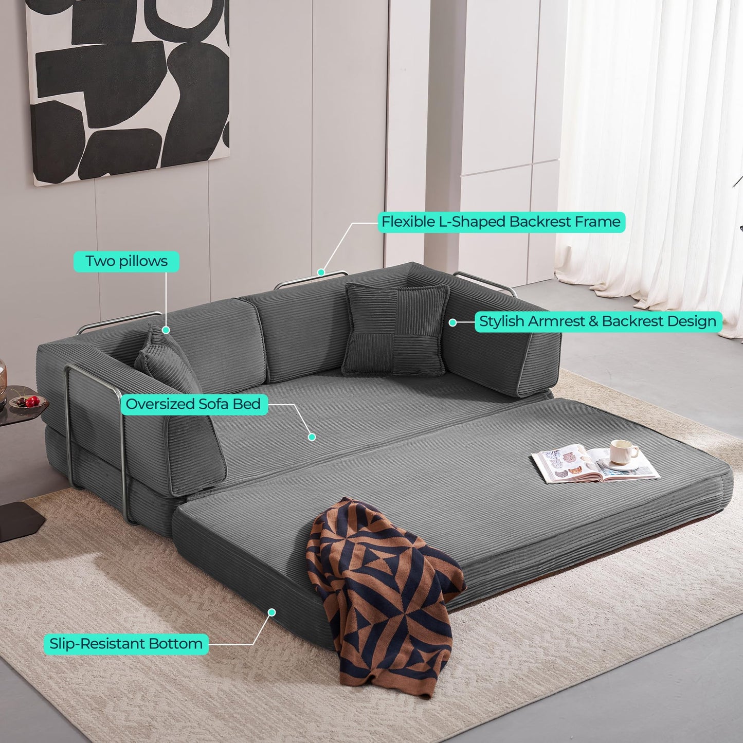 LINSY Home 79" Convertible Sofa Bed, 4-in-1 Corduroy Boneless Couches for Living Room, Folding Queen Size Futon, Floor Mattress Loveseat Sofa Bedroom Apartment Lounge, 2 Pillows, Grey